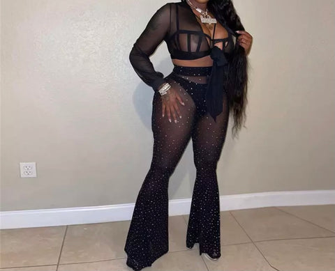 Women Black Sexy Mesh Bling Two Piece Wide Leg Pant Set