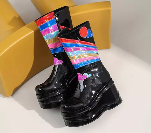 Women Patent Leather Platform Rainbow Boots