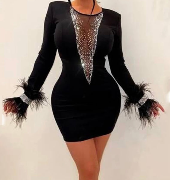 Women Sexy Mesh Bling Patchwork Full Feather Sleeve Dress