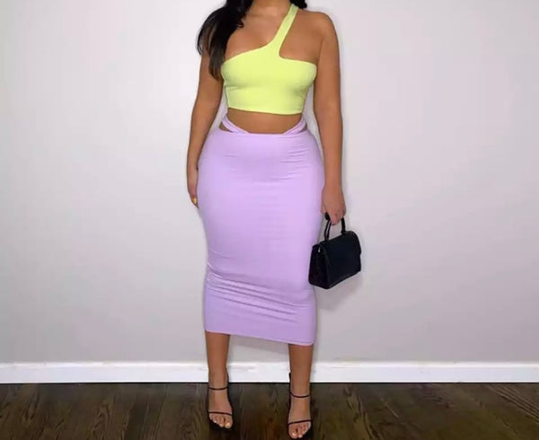 Women Sexy One Shoulder Sleeveless Crop Two Piece Maxi Skirt Set