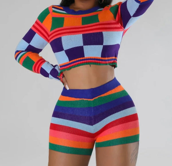 Women Sexy Fashion Full Sleeve Multicolored Striped Two Piece Short Set