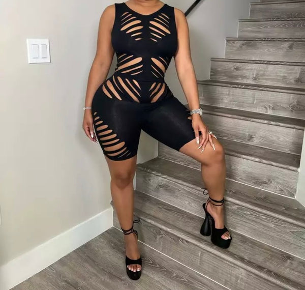 Women Sexy Black Sleeveless Cut Out Romper