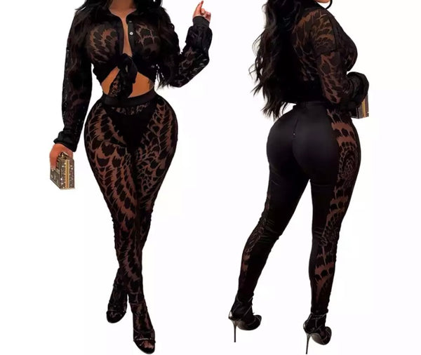 Women Sexy Black Printed Two Piece Full Sleeve Pant Set