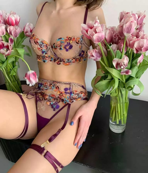 Women Sexy Floral Mesh Thong Lingerie Set