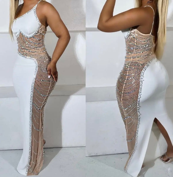 Women Sexy Sleeveless One Shoulder Bling Mesh Patchwork Maxi Dress