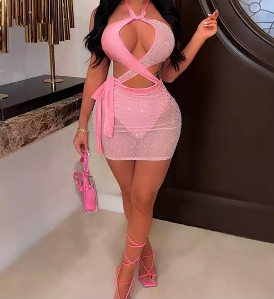 Women Sexy Pink Bling Mesh Patchwork Halter Dress