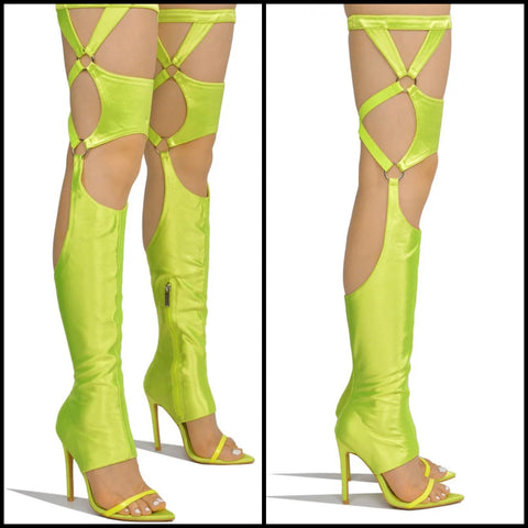 Women Neon Open Toe Over The Knee High Heel Sandals