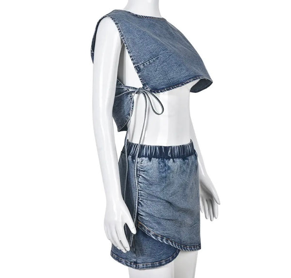 Women Fashion Sexy Sleeveless Tie Up Crop Two Piece Denim Skirt Set