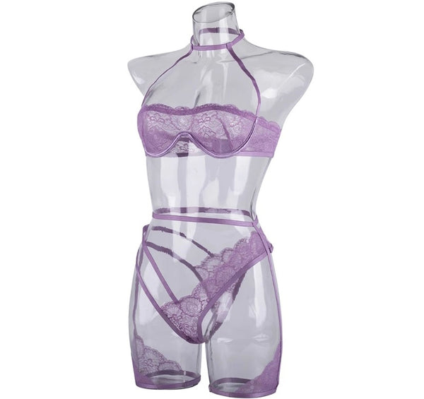 Women Sexy Lace Mesh Purple Lingerie Set