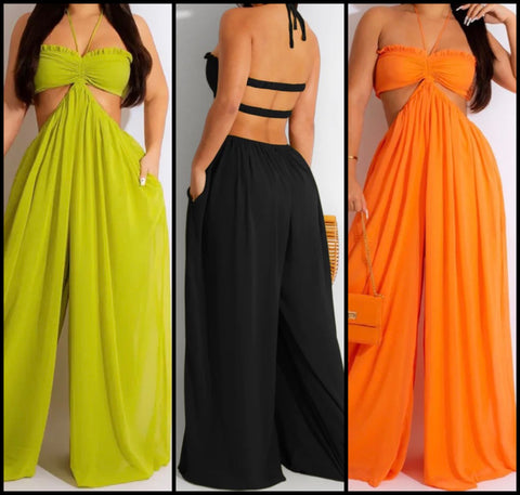 Women Sexy Sleeveless Halter Cut Out Wide Leg Jumpsuit