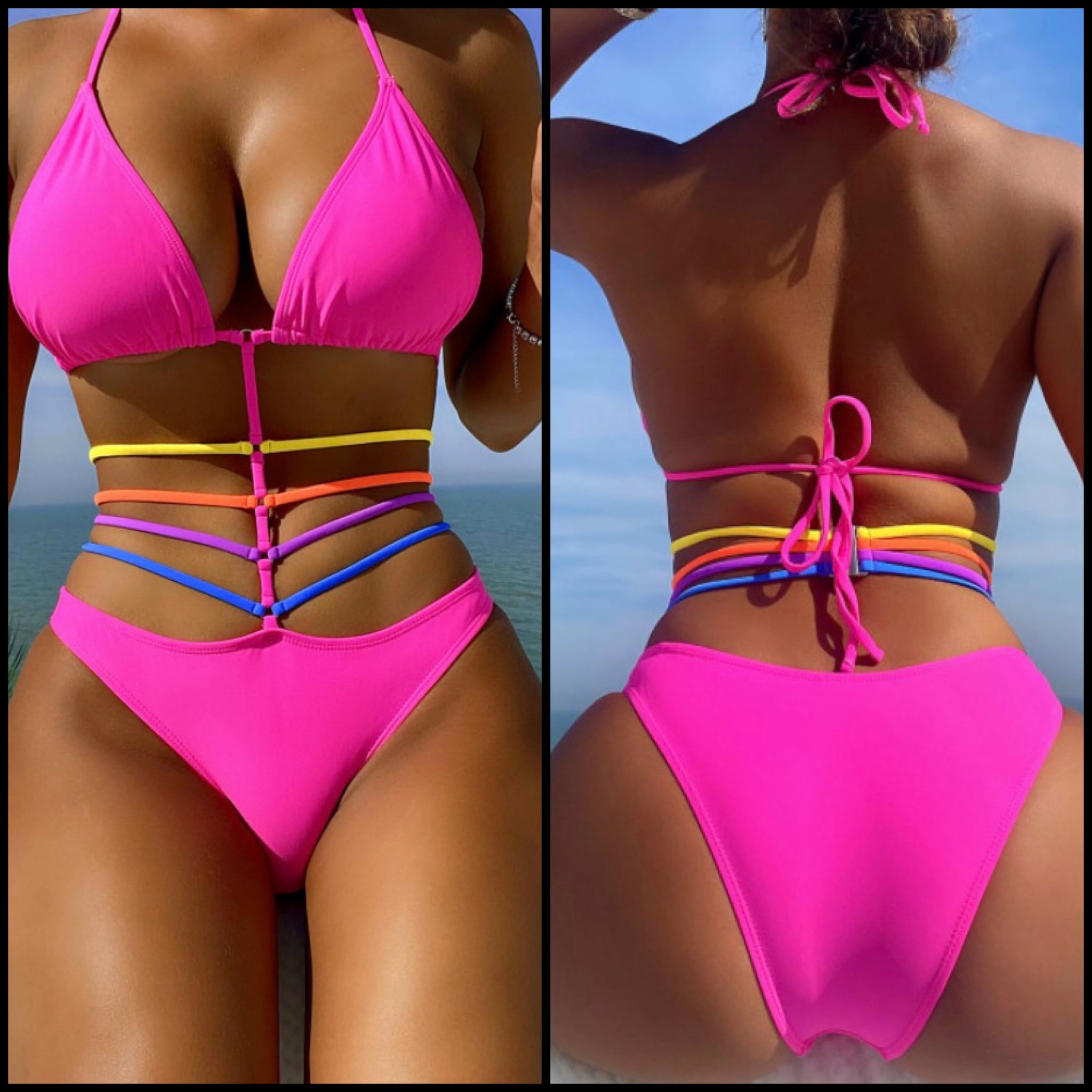 Women Pink Sexy Tie Up Halter Swimsuit