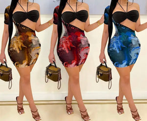 Women Sexy Halter One Shoulder Printed Two Piece Dress