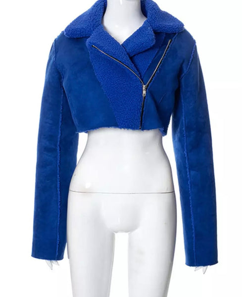 Women Fashion Blue Suede Crop Jacket