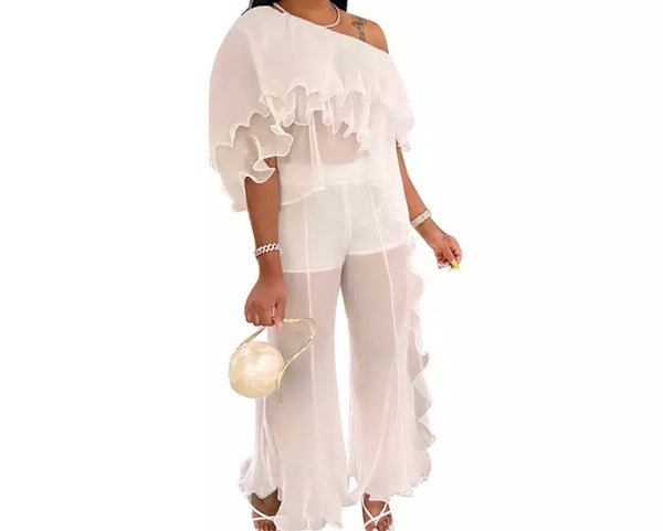 Women Sexy Off The Shoulder Ruffled Asymmetrical Two Piece Pant Set