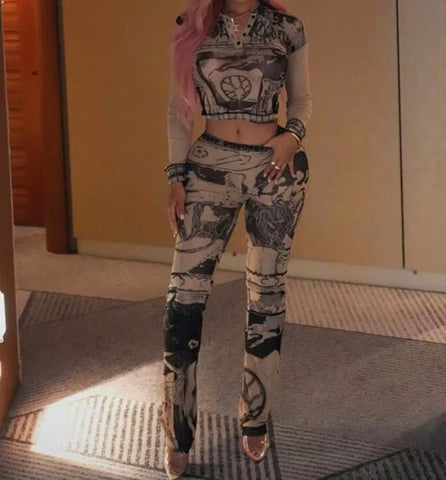 Women Sexy Fashion Printed Full Sleeve Crop Two Piece Mesh Pant Set