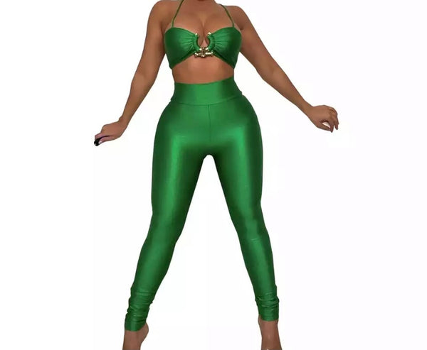 Women Sexy Solid Color Metal Crop Two Piece Pant Set