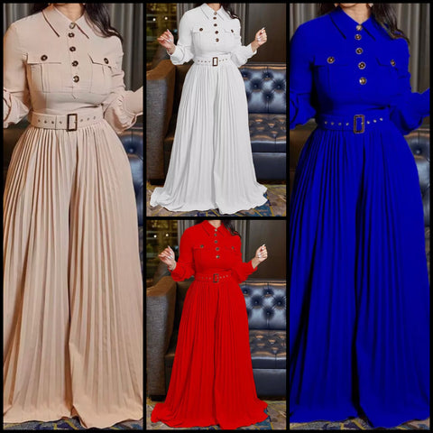 Women Full Sleeve Button Up Belted Wide Pleated Leg Jumpsuit