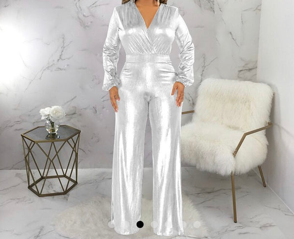 Women Sexy Metallic Full Sleeve V-Neck Jumpsuit