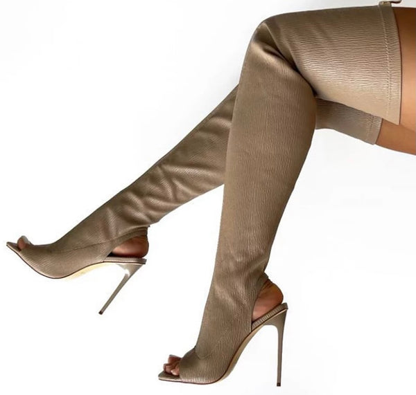 Women Open Toe Zipper High Heel Thigh High Boots