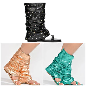 Women Bling PU Ruched Open Toe Ankle Boots