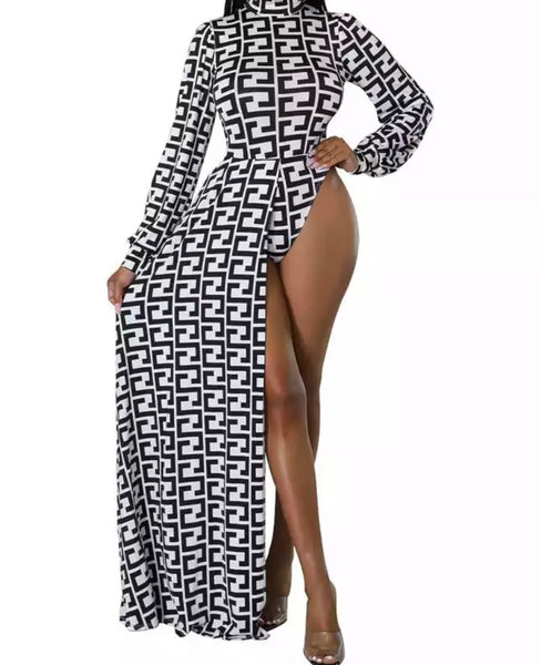 Women Printed Long Sleeve Asymmetrical Bodysuit Two Piece Pant Set