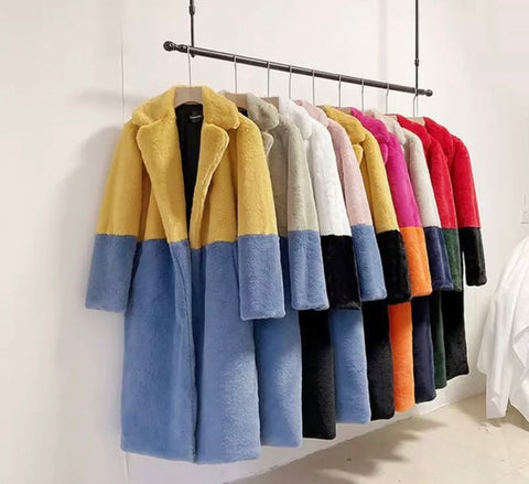 Women Color Patchwork Fashion Faux Fur Long Jacket