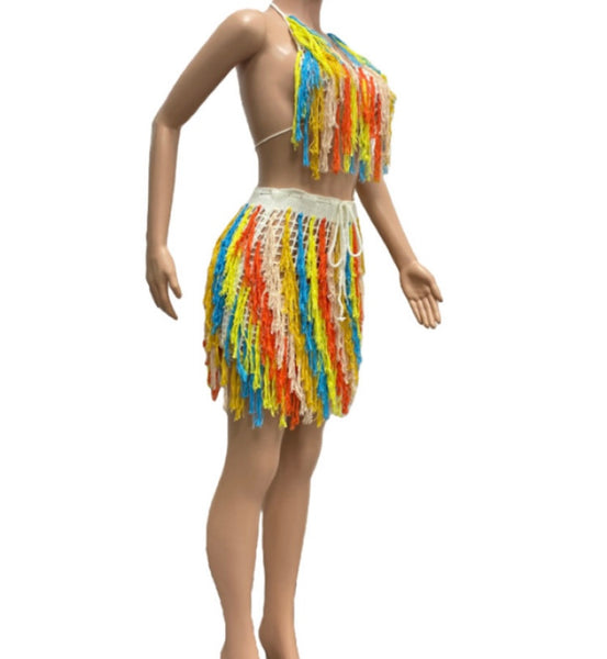 Women Sexy Multicolored Yarn Tassel Sleeveless Two Piece Skirt Set