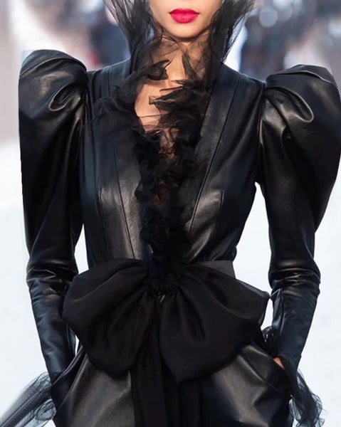 Women Black Fashion Ruffled Faux Leather Jacket