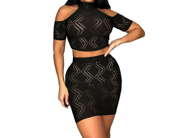 Women Short Sleeve See Through Two Piece Skirt Set