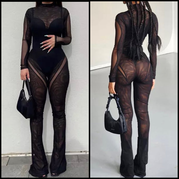 Women Sexy Fashion Black Mesh Bodysuit Two Piece Pant Set