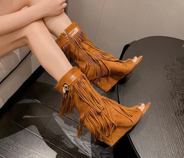 Women Fashion Suede Wedge Tassel Open Toe Lock Ankle Boots