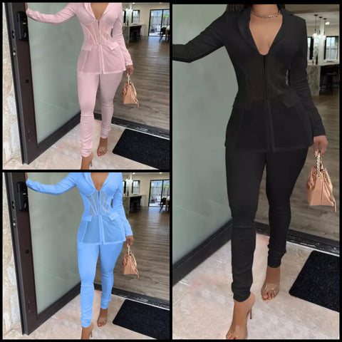 Women Full Sleeve Mesh Patchwork Blazer Two Piece Solid Color Pant Set