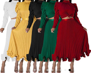 Women Sexy Ruched Puff Full Sleeve Two Piece Pleated Maxi Skirt Set