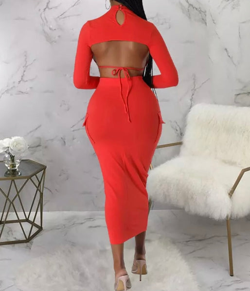 Women Sexy Full Sleeve Tie Up Open Back Two Piece Maxi Skirt Set