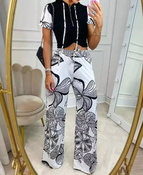 Women Fashion Short Sleeve Floral Hooded Two Piece Pant Set