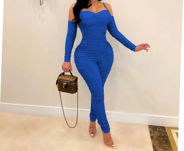 Women Solid Color Sexy Full Sleeve Ruched Jumpsuit