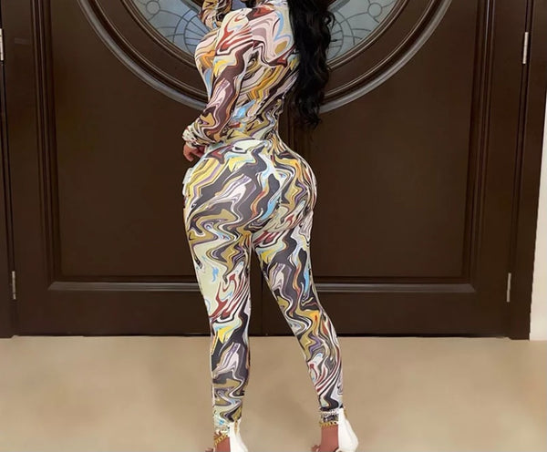 Women Sexy Multicolored Print Fashion Full Sleeve Jumpsuit