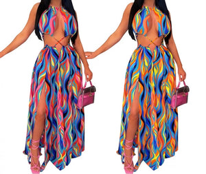 Women Sexy Multicolored Print Sleeveless Maxi Dress