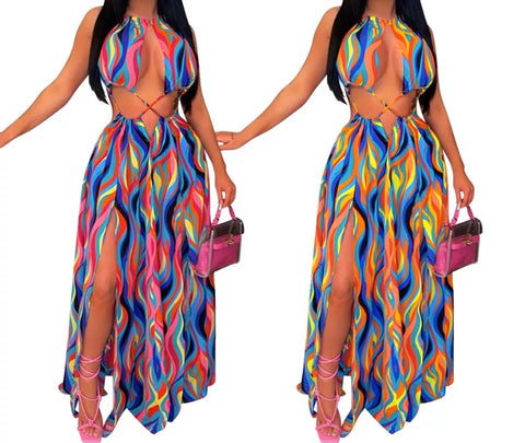 Women Sexy Multicolored Print Sleeveless Maxi Dress