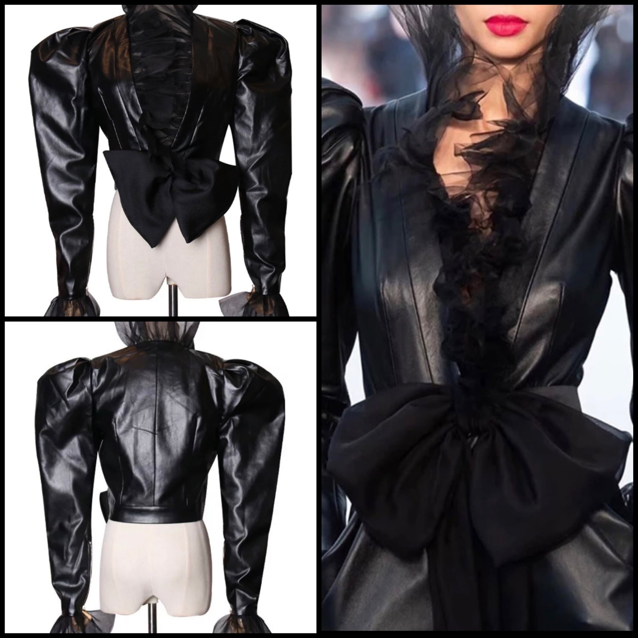 Women Black Fashion Ruffled Faux Leather Jacket