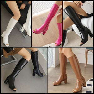 Women Peep Toe Patent Leather Knee High Boots