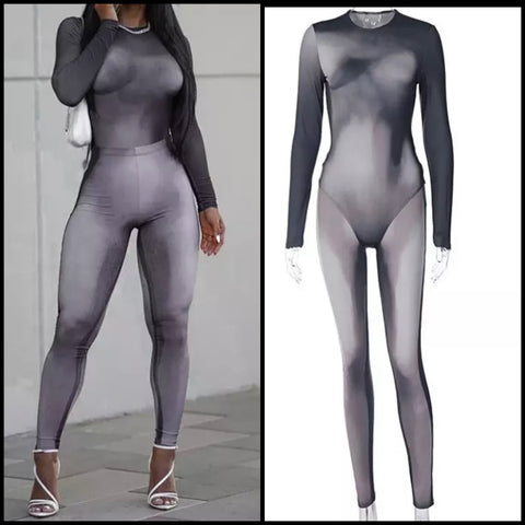 Women Fashion Full Sleeve Gradient Two Piece Bodysuit Pant Set