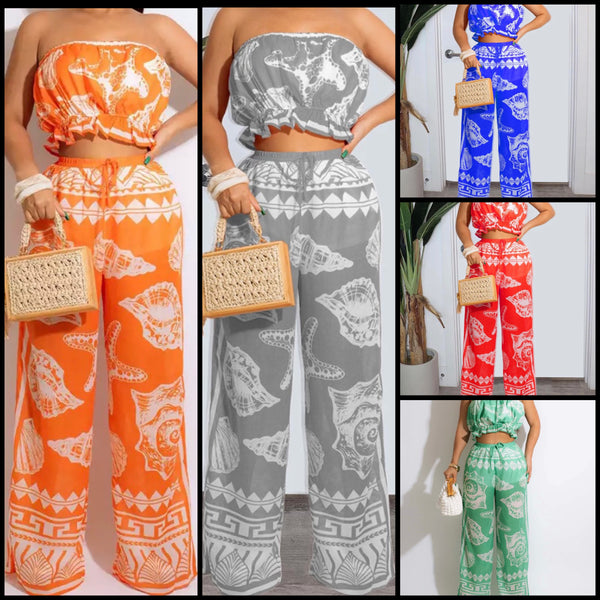 Women Printed Fashion Strapless Crop Two Piece Pant Set