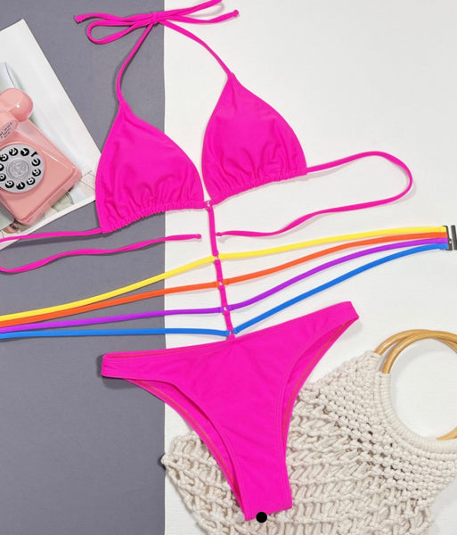 Women Pink Sexy Tie Up Halter Swimsuit