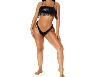 Women Sexy PU Tassel Bikini Swimsuit