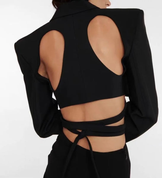 Women Sexy Black Full Sleeve Cut Out Lace Up Blazer Crop Top