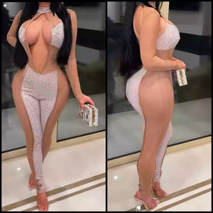 Women Sexy Mesh Patchwork Full Sleeve Hollow Out Jumpsuit