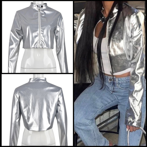 Women Fashion PU Silver Crop Jacket