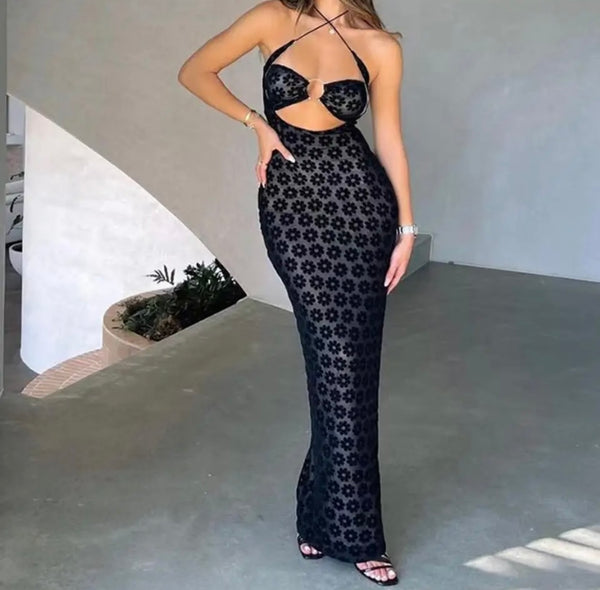 Women Sexy Sleeveless Cut Out Mesh Floral Maxi Dress
