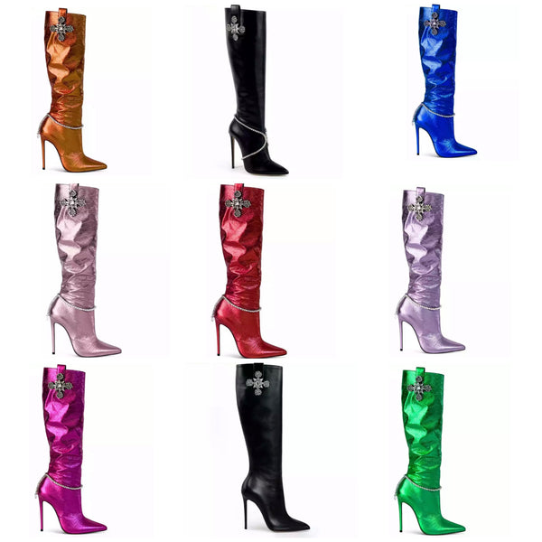 Women Fashion Crystal High Heel Knee High Boots